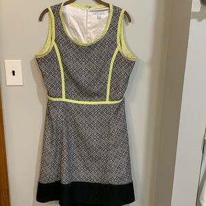 New York & Company Black & White Geometric Fit & Flare Dress with Yellow Piping